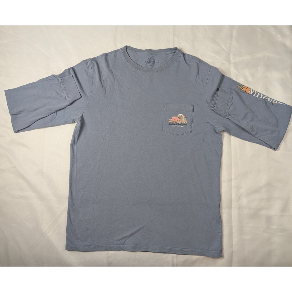 Vineyard Vines Mens Thanksgiving T Shirt Size Med Blue Whale Turkey Long Sleeve